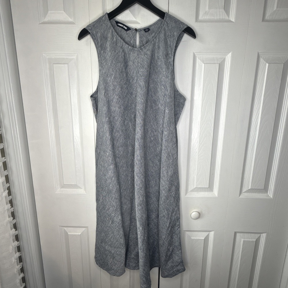 Land's End Sleeveless Blue Linen Dress A-Line Pockets Minimalist Capsule Size 1X